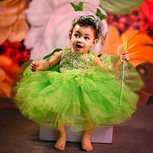 Groene kleine kinderen verjaardag juweel kanten bloemmeisjes jurken gelaagd tule bloemengirl