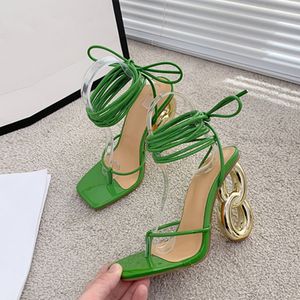 Green Liyke Fashion Cross Strap Strap Women S Strange High Heels Sandals Sandals Summer Pinche étroite Band Square Toe Party B Heel Sandal