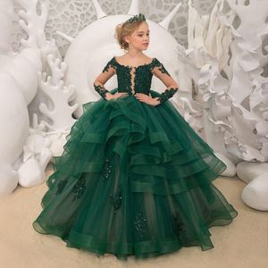 Green Mangas largas Cordón de encaje Vestidos para niña para bodas Partido Apliques Apliques Tulle Niños Primera Comunión Princesa Vestidos Bautismo Pagueant Vestidos
