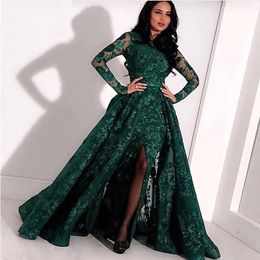Groene lange mouwen Moslim Avondjurken Kant Sequin Spleet Dubai Kaftan Saudi Arabische elegante formele jurk avondjurk