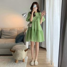 Green Maternity Summer Clothes Fashion Plus taille femme enceinte mini robe Puff Sleeve Ruffle Patchwork O-cou Robes de grossesse