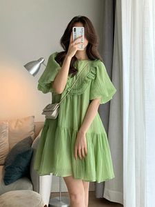 Groene zwangerschap Zomerkleding mode plus maat zwangere vrouw mini jurk puff mouw ruche patchwork o-neck zwangerschap jurken 240408