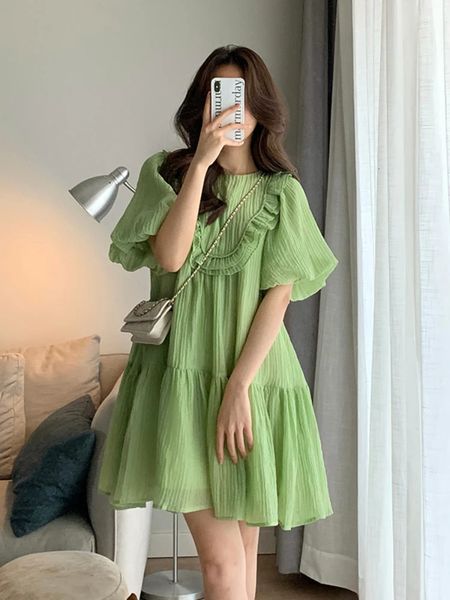 Green Maternity Summer Clothes Fashion Plus taille femme enceinte mini robe manche bouffée Robffle Patchwork O-cou de grossesse Robes 240408