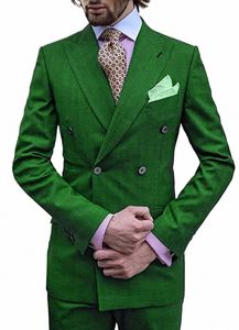 Vert hommes 2 pièces formel Busin costume cran revers doux double boutonnage smoking garçons d'honneur pour mariage/fête blazer + pantalon g8TC #