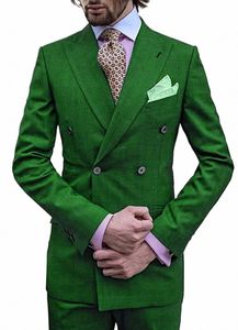 Vert hommes 2 pièces formel Busin costume cran revers doux double boutonnage smoking garçons d'honneur pour mariage/fête blazer + pantalon t1KV #