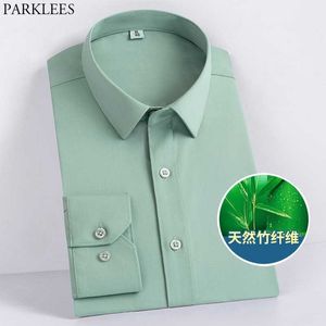 Vert hommes fibre de bambou robe chemises printemps Slim Fit à manches longues Chemise hommes formel affaires mariage Chemise Homme 210522