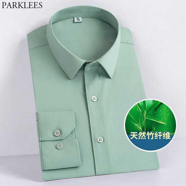 Camisas de vestir de fibra de bambú para hombre verde camisa de manga larga ajustada de primavera para hombre Formal de negocios boda Chemise Homme 210522