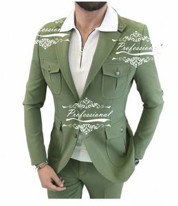 Costume de luxe pour homme vert, blazer, pantalon, manteau, grande poche, veste safari sur mesure, 2 pièces, manteau, pantalon, tenue M7p3 #