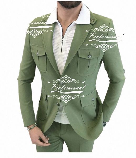 Costume de luxe pour homme vert, blazer, pantalon, manteau, grande poche, veste safari sur mesure, 2 pièces, manteau, pantalon, tenue M7p3 #