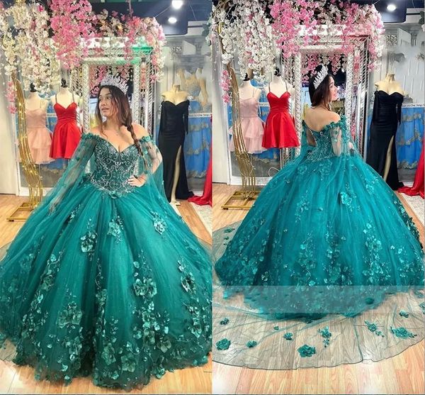 Vestidos de quinceanera de esmeralda verde moderna con capa de flores D de la capa apliques de graduación de graduación con cuentas de graduación dulce vestido de dulces reses reses