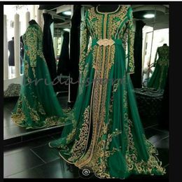Vestidos de noche marroquíes de color verde marroquíes elegantes Abaya Dubai Dubai Vestido Aplicela de vestidos de fiesta de manga larga con cuentas Noche formal W 288u