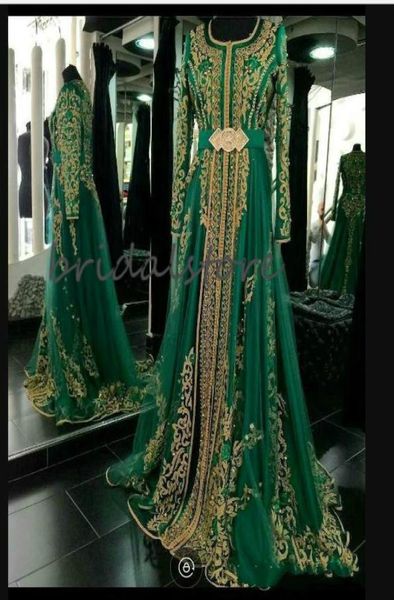 Robes de soirée Caftan marocain vert élégant musulman Abaya Dubaï robe de soirée appliques perlées à manches longues robes de bal formelles Even1440194