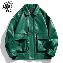 Chaqueta de cuero de PU para hombre de motocicleta verde ropa de calle de primavera abrigo de Color sólido Hip Hop ropa de gran tamaño Unisex 240223