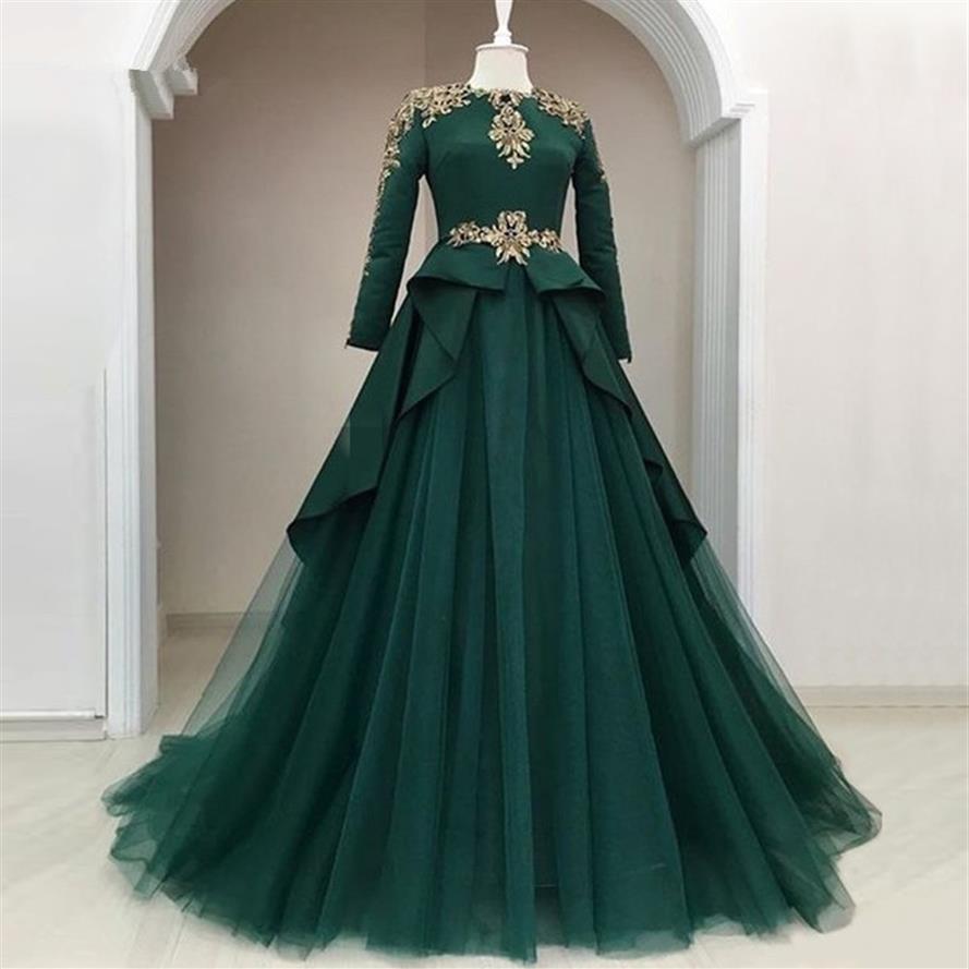 Zielone muzułmańskie sukienki wieczorowe 2020 A-line długie rękawy Tiul Gold Lace Crystals Islamski Dubaj Arabii Arabski Długa formalna suknia wieczorowa 249m