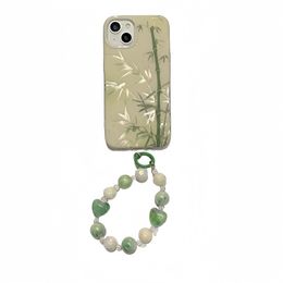 Green National Style Bamboo is geschikt voor iPhone15Promax Apple 14/13/12 mobiele telefoonhoesje, een klein aantal China-chic meisjes