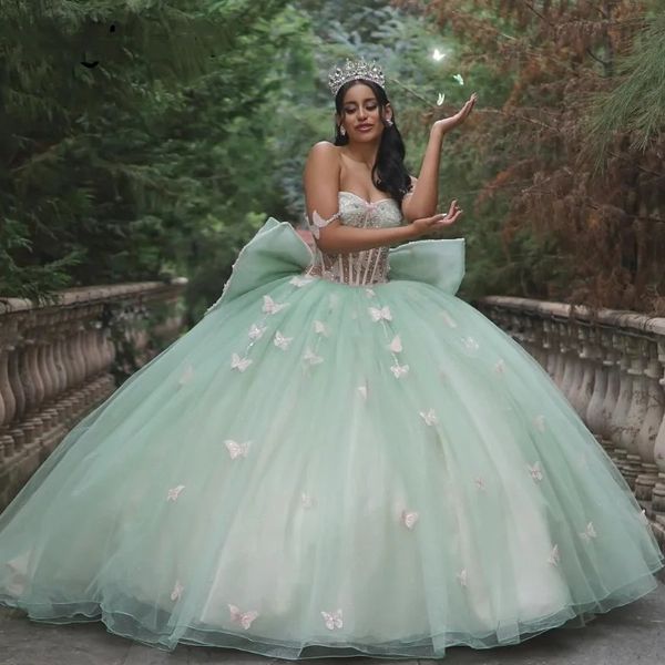 Vert nouvelles robes De Quinceanera arc hors épaule robe De bal perlée papillon Appliques robe douce robes De Anos