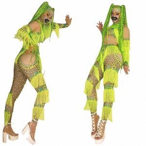 Vert épaule dénudée Sexy gland combinaisons pour femmes fête Club vêtements scène chanteur effectuer Costume fête Rave tenues X3V8 #