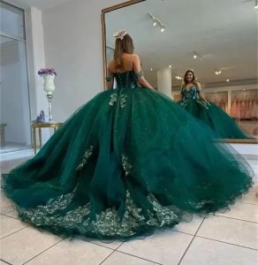 Vert sur l'épaule robe de bal Puffy Sweet 16 robe perlée robes de Quinceanera à lacets dos 15 ans fête robes de soirée sur mesure BC14539