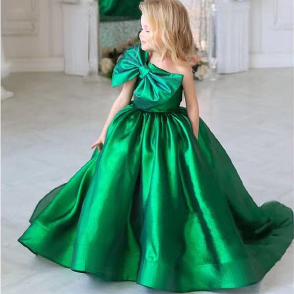 Vert une épaule enfants robes formelles vert émeraude Satin filles noël robe de fête d'anniversaire noeud papillon jupe gonflée enfant en bas âge robe de reconstitution historique