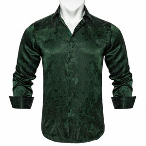 Vert Paisley Chemises solides pour hommes de luxe en soie Lg manches Slim Fit Dr Shirt Busin Social hommes vêtements X6BZ #