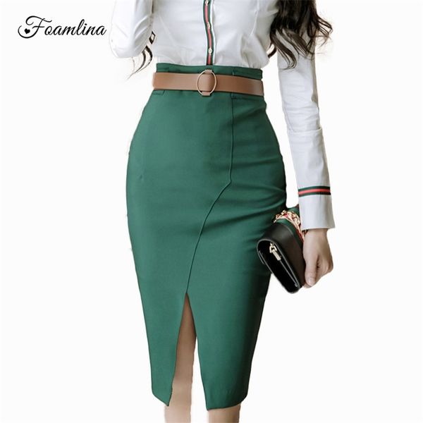 Falda lápiz verde mujeres elegante cintura alta frente dividido bodycon oficina damas paquete delgado cadera vintage midi 210603