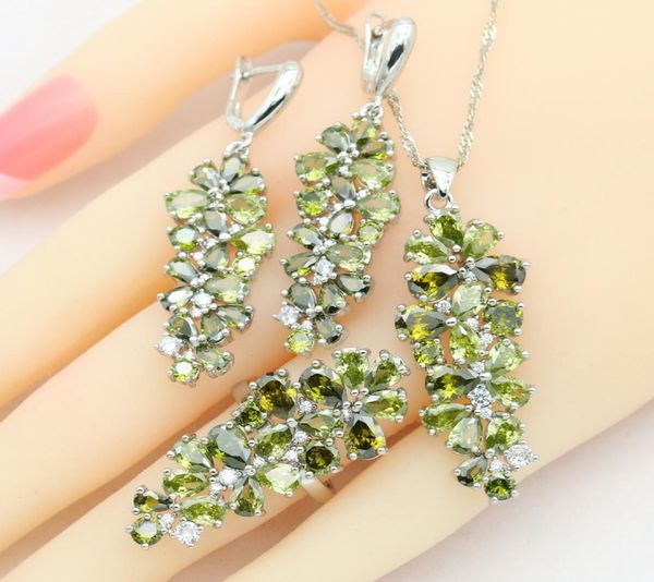 Green Peridot 925 Juego de joyas de plata para mujeres 5 colores Pendientes Pendientes Collar Anillo de colgante Gift7463423