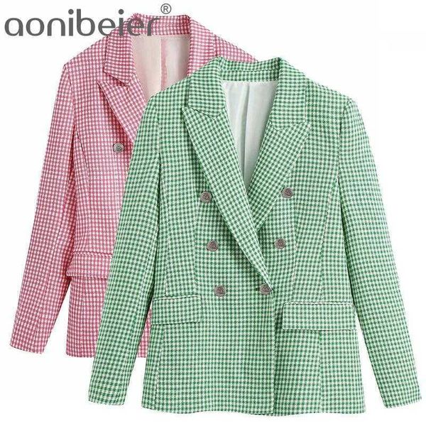 Vert rose motif pied-de-poule femmes costume décontracté veste printemps automne mode double boutonnage mince bureau dame blazers 210604