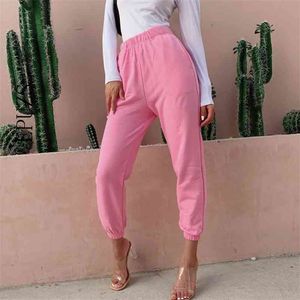 Groene roze jogging vrachtbroek vrouwen broek Casua; Hoge Elastische Wasit Sexy Losse Joggers Vrouwelijke Sweatpants Capris 210521