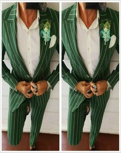 Green Pinstripe Groom Wear Slim Fit Two Button PeakPed Hommes Business Formal Prom Tuxedos Man Blazer Suit Jacket Pants3271508