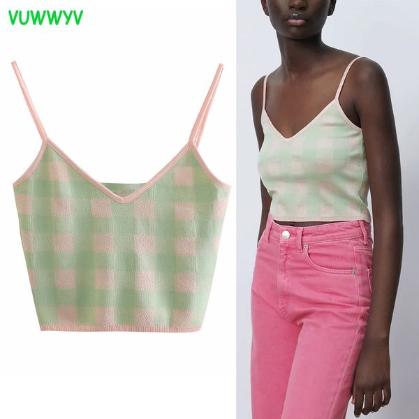 Vert Plaid Tricoté Crop Top Femmes Blouses Été Slim Dos Nu Slip Pull Femme Mode Streetwear Tunique Femme 210430