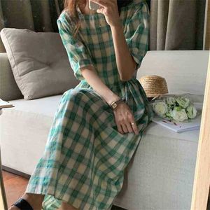Groene plaid losse geometrische alle match chic hoge taille stijlvolle streetwear casual lange jurken vestidos 210525
