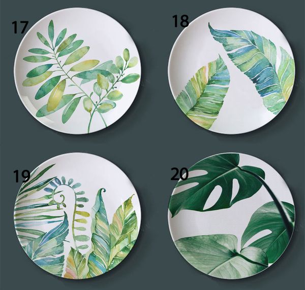 Platos decorativos de plantas verdes, pintura de selva de tinta, plato de cerámica, patrón de hoja de tortuga, decoración del hogar, artesanía colgante de pared de porcelana