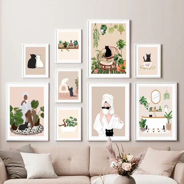 Plantes vertes et chat toile peinture femme café Beige affiches et impressions Art mural Style nordique photos murales salon fille chambre décor pas de cadre Wo6