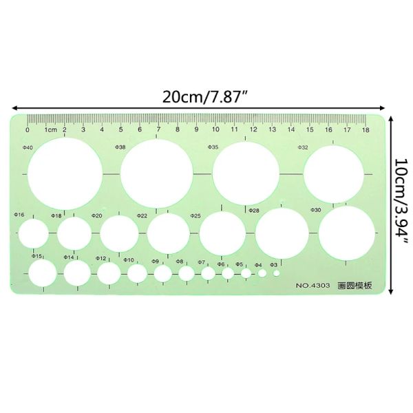 Círculos de plástico verde Plantilla geométrica Regla de regla Herramienta de medición de estudiantes