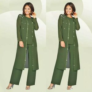 Green Plus Size Moeder van de Bruid Broek Pak met Long Jacket voor bruiloften Mother's Groom Outfit Kralen Bruiloft Jurk