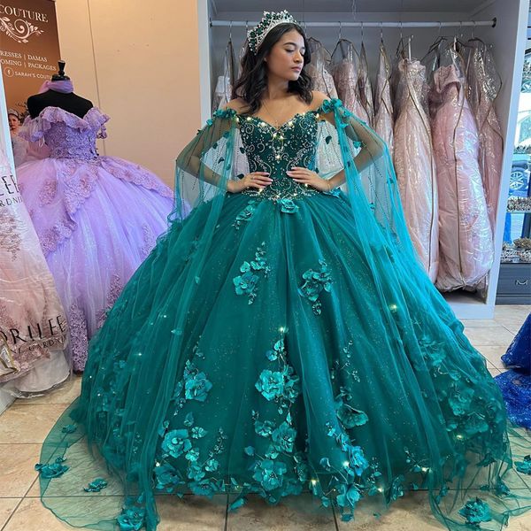 Robe de bal princesse verte à fleurs 3d, col en V, Sexy, perlée, avec Cape, Corset, pour filles de 15 à 16 ans, 2024