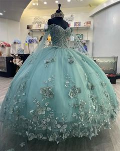 Robe de bal princesse verte, épaules dénudées, robes de Quinceanera pour filles, robes de soirée de célébrités perlées, fleurs 3D avec Cape s