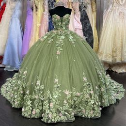 Robe de Quinceanera en dentelle de Style princesse verte, motif floral 3D, avec traîne à balayage, épaules dénudées, robe formelle de 15 ans