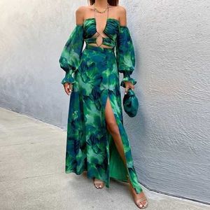 Vert imprimé Maxi robe pour femmes 2023 nouvel été évider fendu dos nu robes plage Style décontracté Chic robe