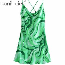 Vert imprimé été sans manches drapé col femmes Mini robe Spaghetti sangle dos croisé décontracté vacances plage 210604