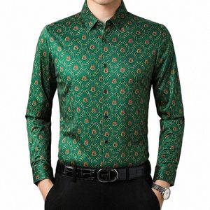 Vert imprimé hommes chemises sociales grande taille travail vêtements de bureau pour hommes Fi mari porter Busin Gentleman Blouse Party 38NL #