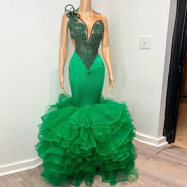 Vestido de fiesta verde falda con volantes de sirena 2024 vestido de fiesta de cumpleaños de noche africano con diamantes de imitación para niñas negras