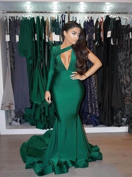 Vestidos de graduación verdes 2020 fiesta Formal asimetría Vestidos de alta calidad satén sirena cuello en V profundo Vestidos de noche simples