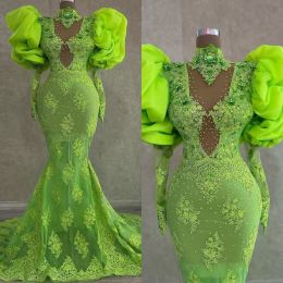 Robes de bal vert sirène manches longues en dentelle applique perlé perlé sur mesure et robes de soirée