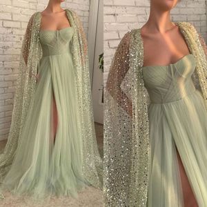 Robes de bal vertes avec Cape chérie paillettes perles robe de soirée plissée longue robe d'occasion spéciale