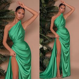 Groene prom sexy jurken een schouderfeestje avondjurken plooien spleet formele lange speciale ocn jurk