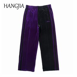 Vert / violet velours pantalons de survêtement Streetwear velours pantalons à jambes larges femmes Hip Hop Colorblock pantalons de survêtement hommes broderie pantalon 201106