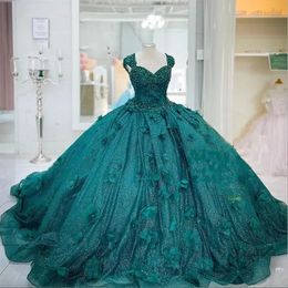 Groene quinceanera donkere jurken met 3D bloemen applique kralen riemen korset achterste vloer lengte zoet 16 verjaardag feest prom ball jurk plus maat