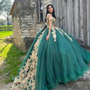 Groene quinceanera jurk baljurk goud kanten applique Mexicaans zoete vestidos de xv 15 anos 16 xv jaar oud miss verjaardagse Mexicaanse jurk