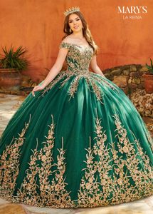 Groene Quinceanera Jurken Uit De Schouder Kralen Goud Kant Geappliceerd Baljurk Sweet 16 Prom Dress Feestjurk Avondjurken